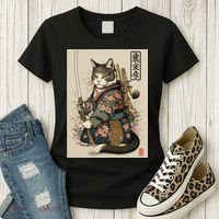 Japanese Art Cat Ninja Ukiyo-e Anime Style Samurai Cat Women's T-Shirt thumb 3