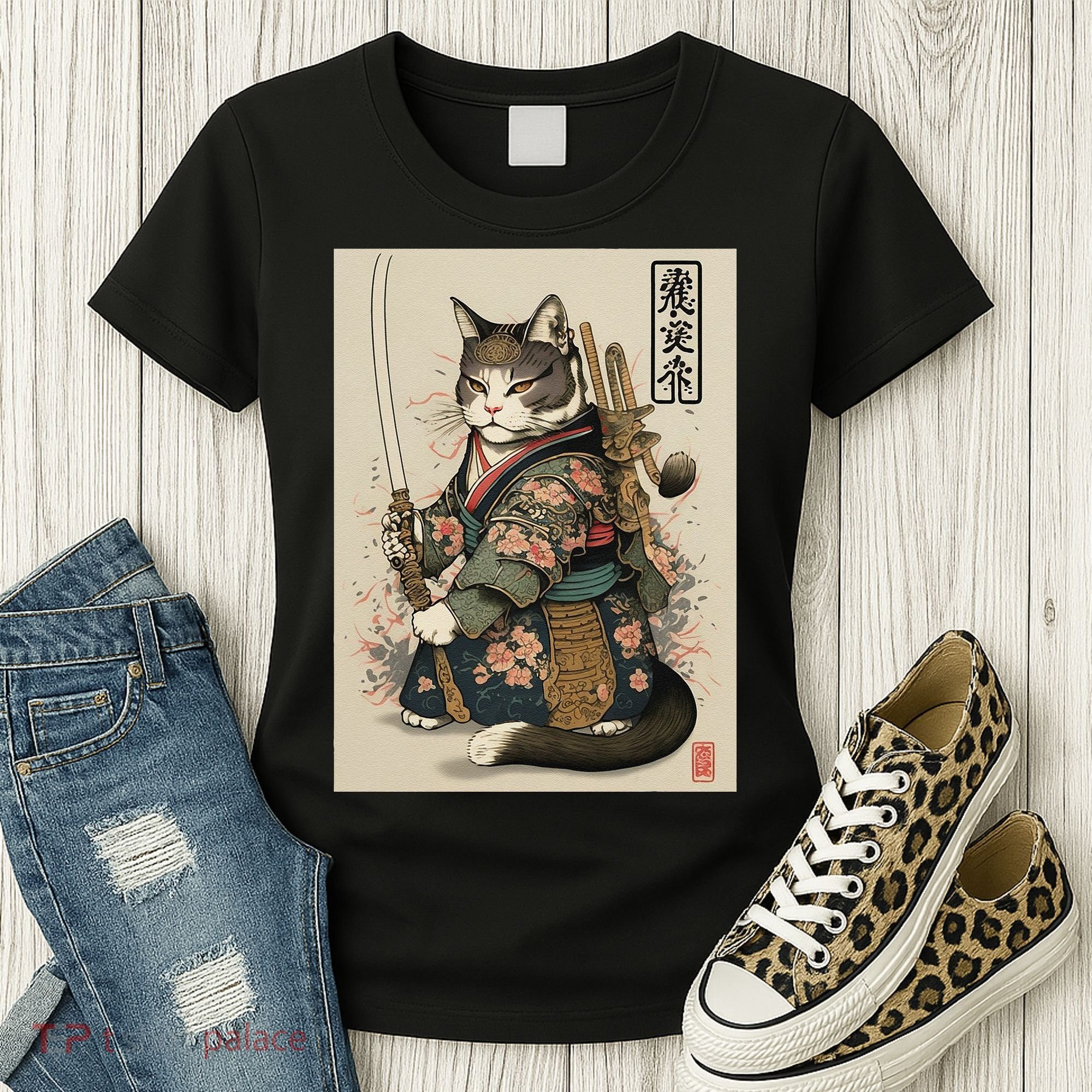 Japanese Art Cat Ninja Ukiyo-e Anime Style Samurai Cat Women's T-Shirt