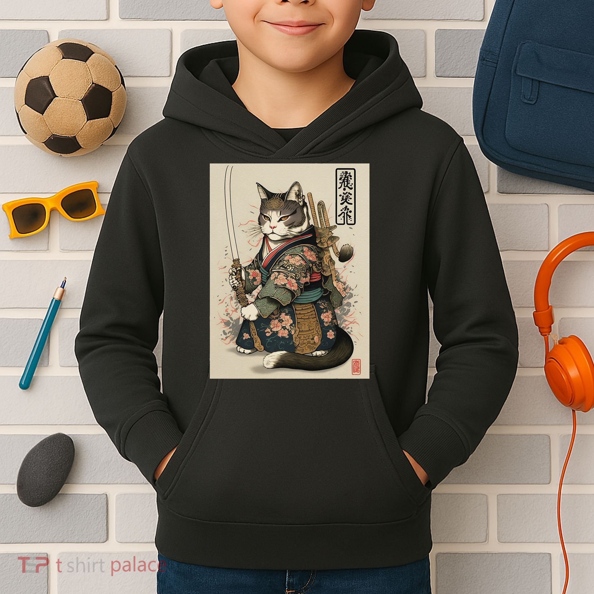 Japanese Art Cat Ninja Ukiyo-e Anime Style Samurai Cat Kids Hoodie