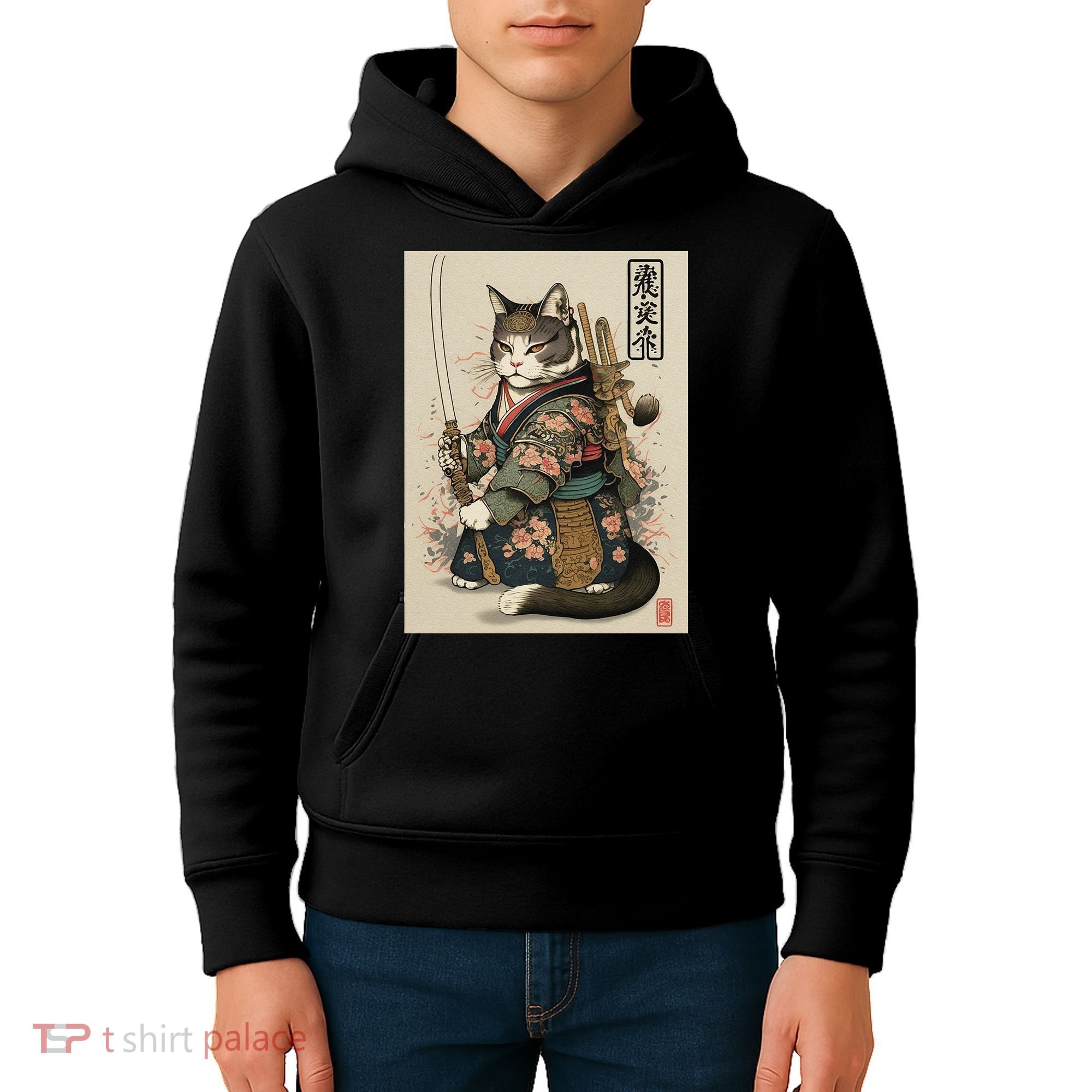 Japanese Art Cat Ninja Ukiyo-e Anime Style Samurai Cat Kids Hoodie
