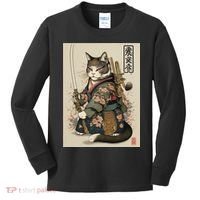 Japanese Art Cat Ninja Ukiyo-e Anime Style Samurai Cat Kids Long Sleeve Shirt thumb 0