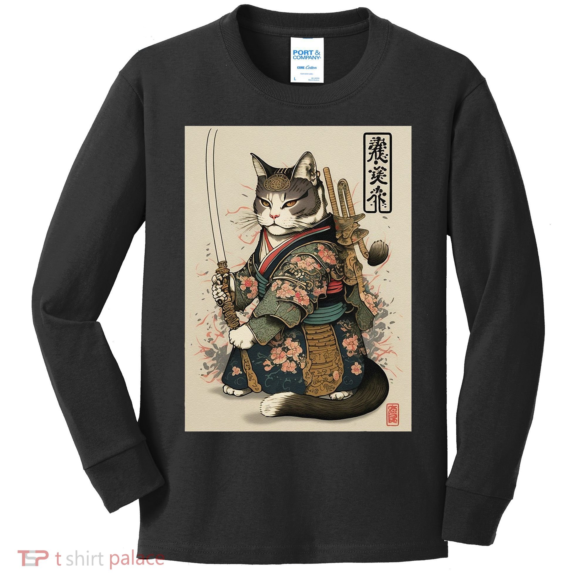 Japanese Art Cat Ninja Ukiyo-e Anime Style Samurai Cat Kids Long Sleeve Shirt