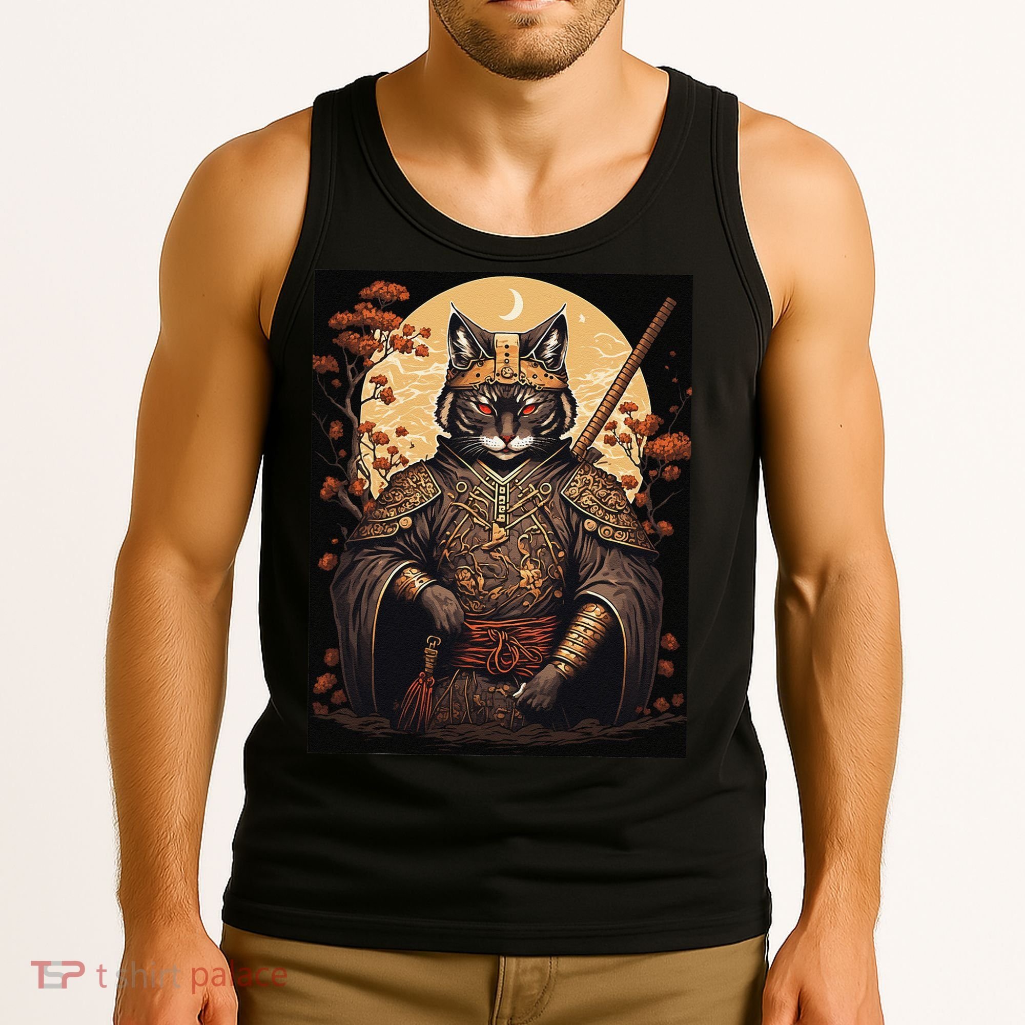 Japanese Art Cat Ninja Ukiyo-e Anime Style Samurai Cat Tank Top