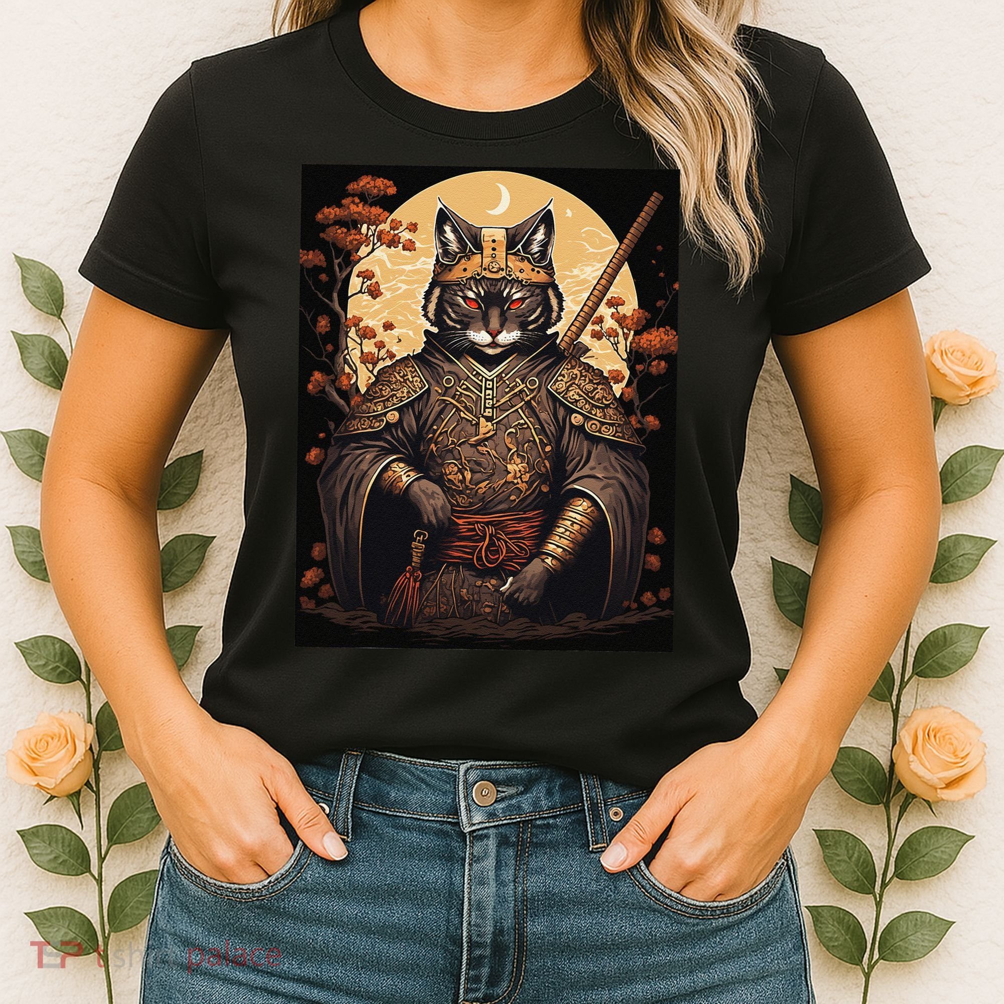 Japanese Art Cat Ninja Ukiyo-e Anime Style Samurai Cat Women's T-Shirt