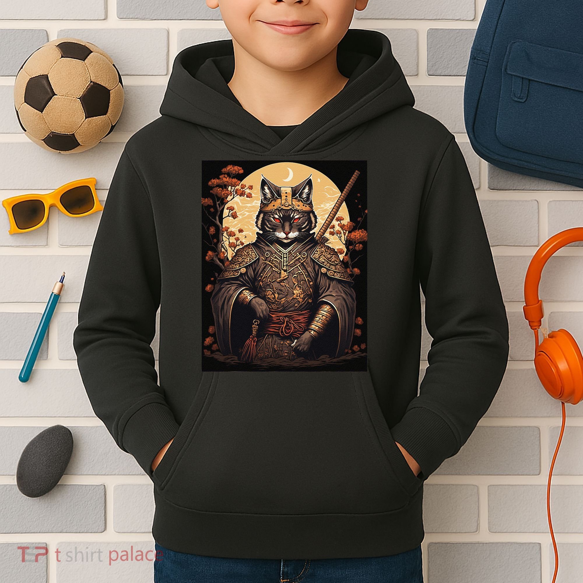 Japanese Art Cat Ninja Ukiyo-e Anime Style Samurai Cat Kids Hoodie