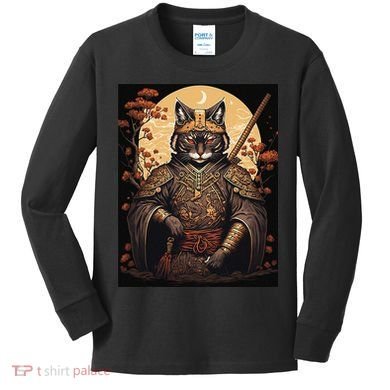 Japanese Art Cat Ninja Ukiyo-e Anime Style Samurai Cat Kids Long Sleeve Shirt