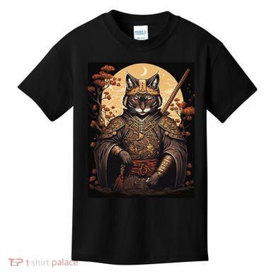 Japanese Art Cat Ninja Ukiyo-e Anime Style Samurai Cat Kids T-Shirt