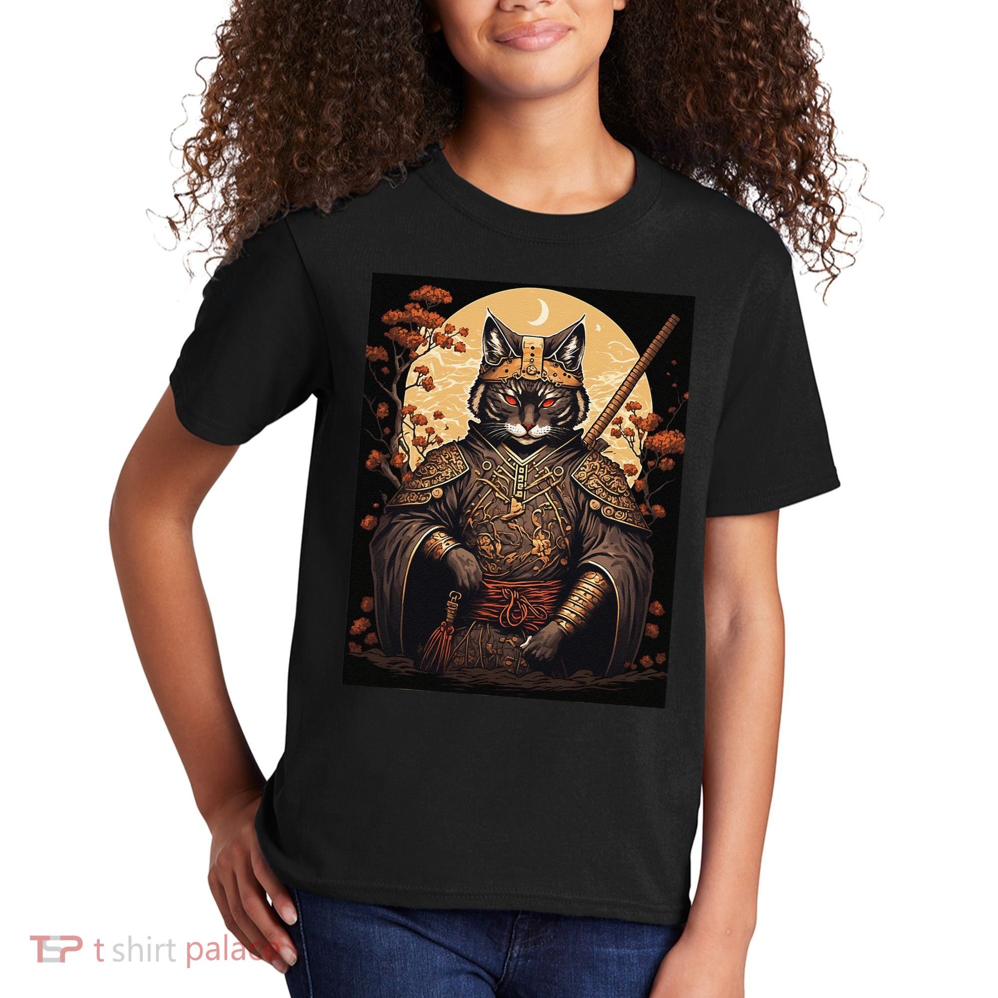 Japanese Art Cat Ninja Ukiyo-e Anime Style Samurai Cat Kids T-Shirt