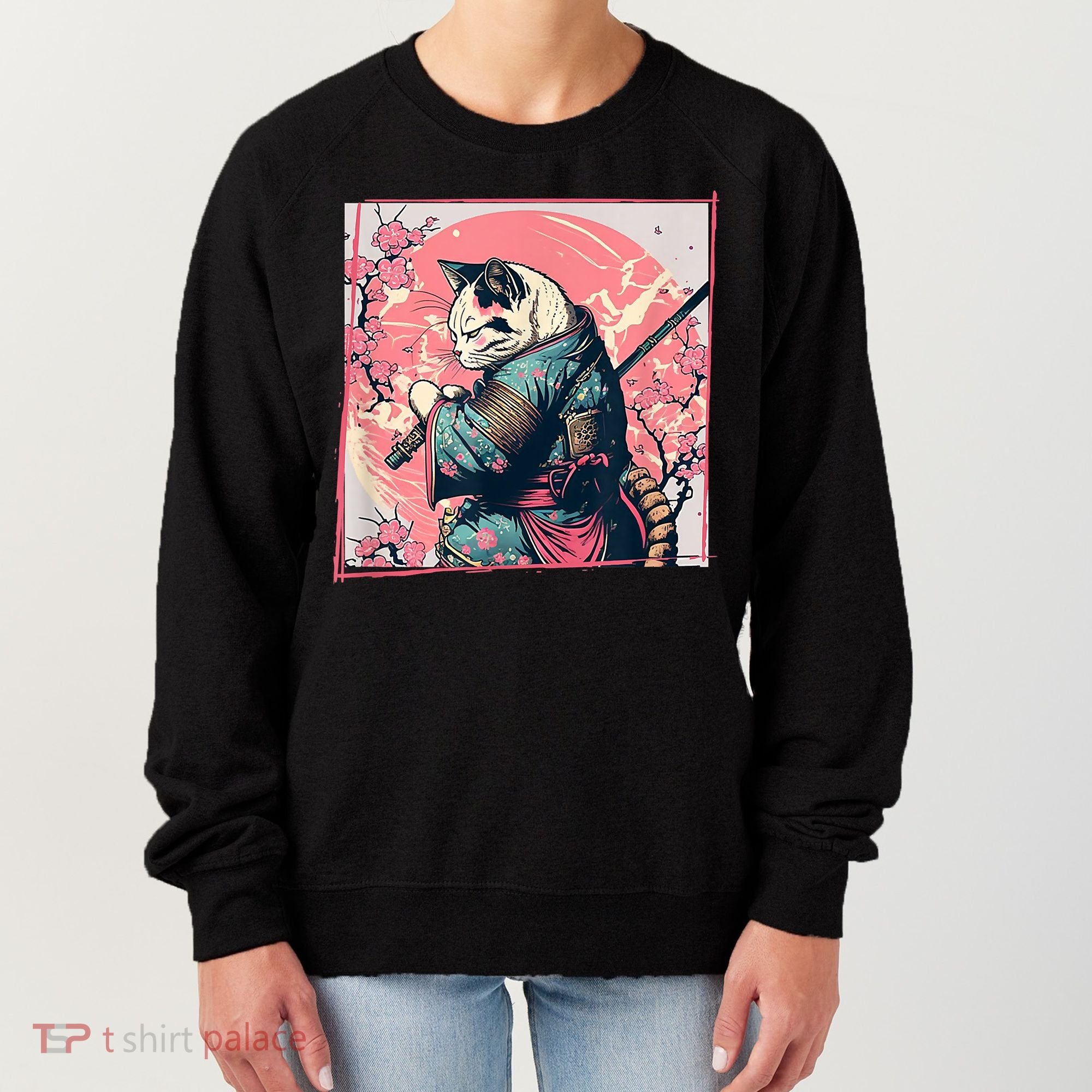 Japanese Art Cat Ninja Ukiyo E Anime Style Samurai Cat Women's Sweatshirt