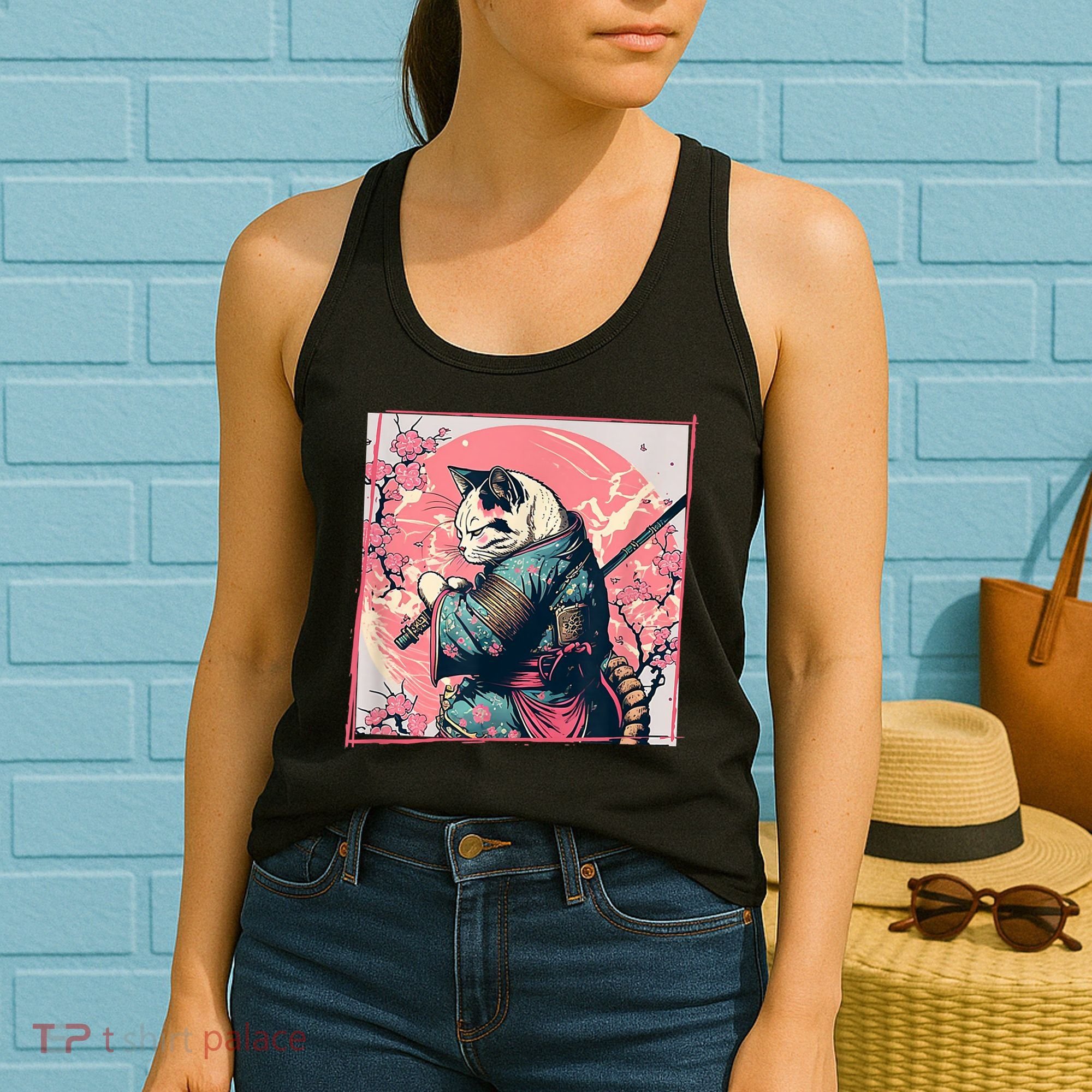 Japanese Art Cat Ninja Ukiyo E Anime Style Samurai Cat Women's Tank Top