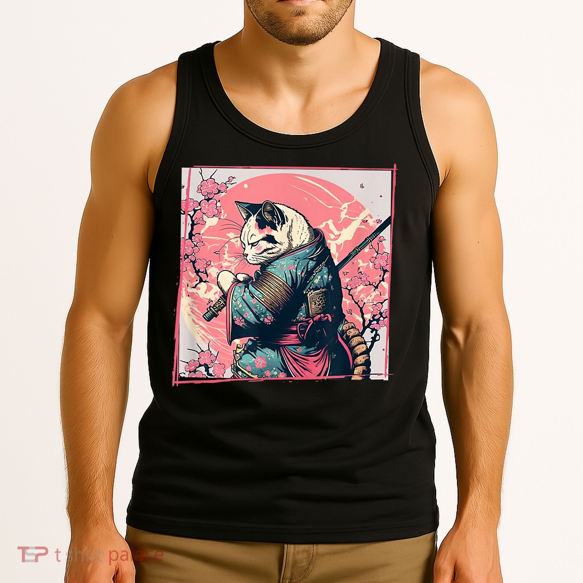 Japanese Art Cat Ninja Ukiyo E Anime Style Samurai Cat Tank Top