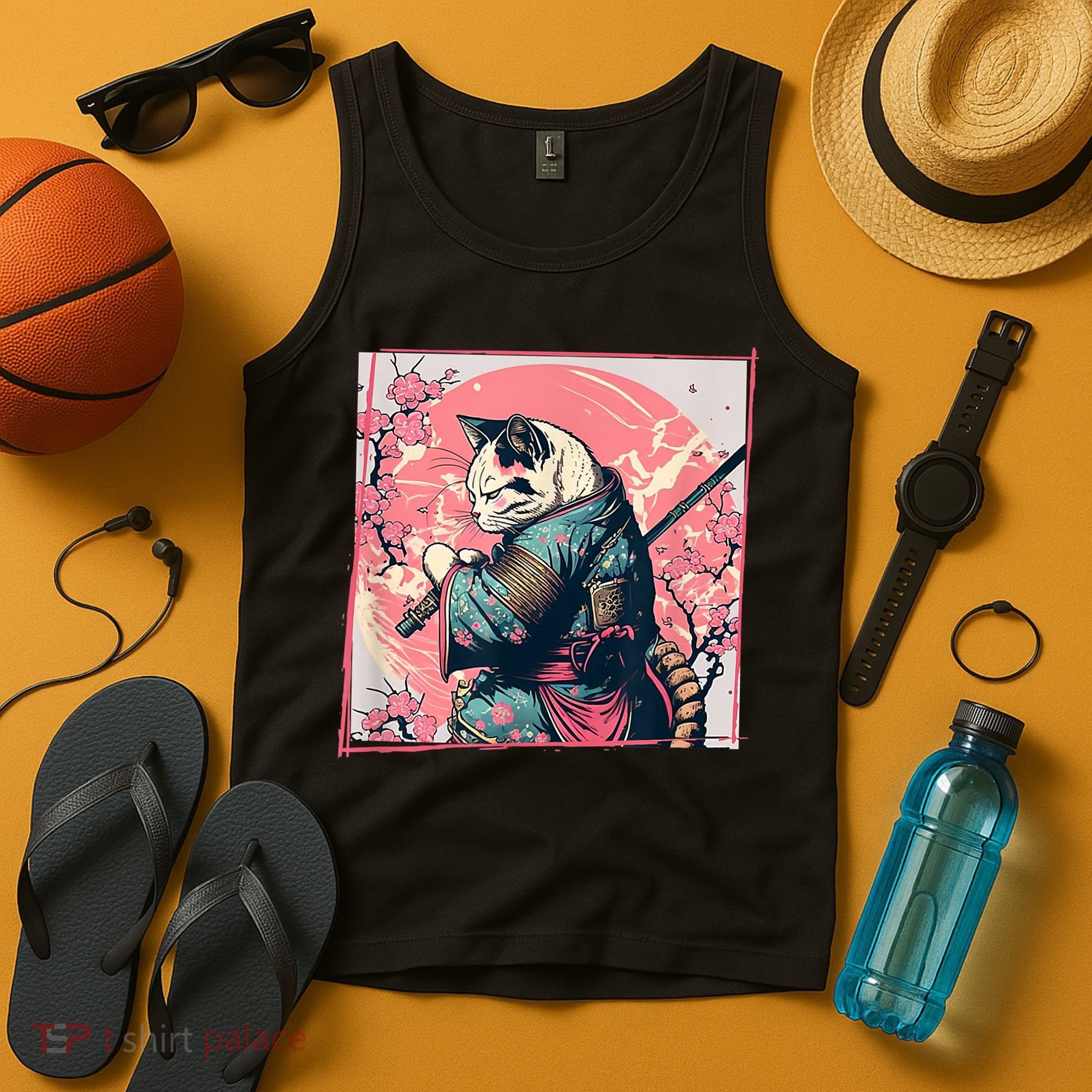 Japanese Art Cat Ninja Ukiyo E Anime Style Samurai Cat Tank Top