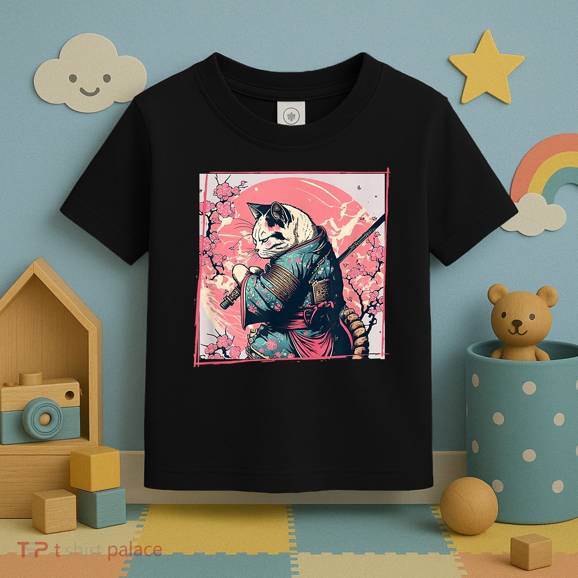 Japanese Art Cat Ninja Ukiyo E Anime Style Samurai Cat Toddler T-Shirt