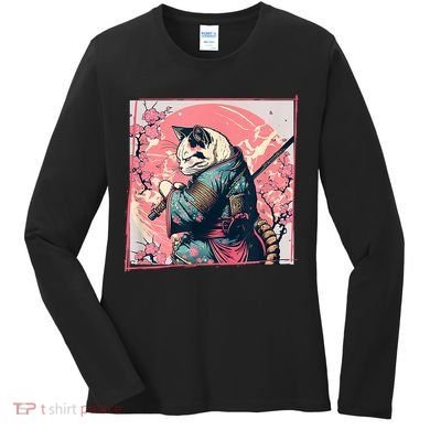 Japanese Art Cat Ninja Ukiyo E Anime Style Samurai Cat Women's Long Sleeve Shirt