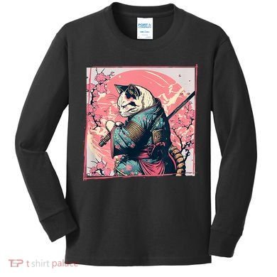 Japanese Art Cat Ninja Ukiyo E Anime Style Samurai Cat Kids Long Sleeve Shirt