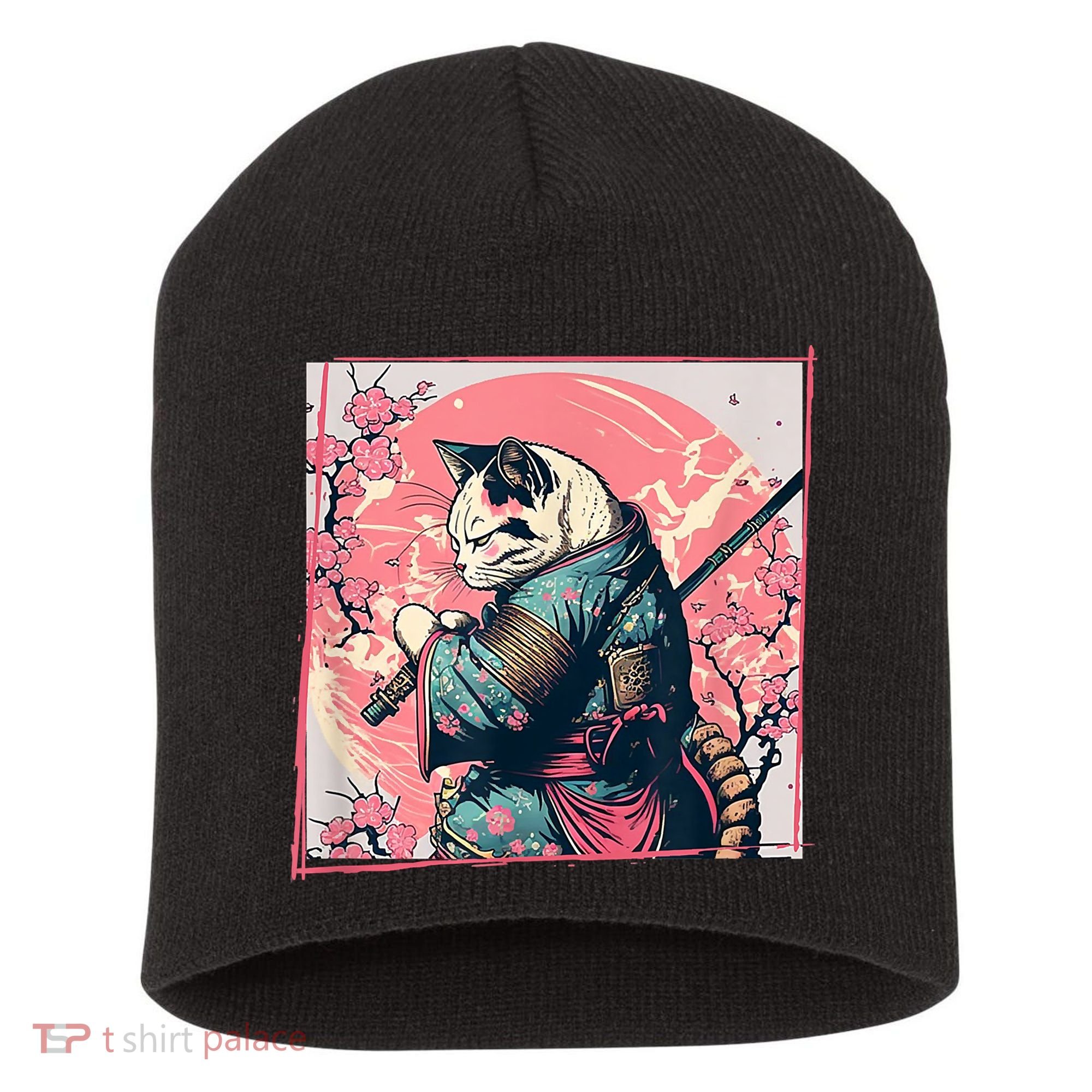 Japanese Art Cat Ninja Ukiyo E Anime Style Samurai Cat Short Acrylic Beanie