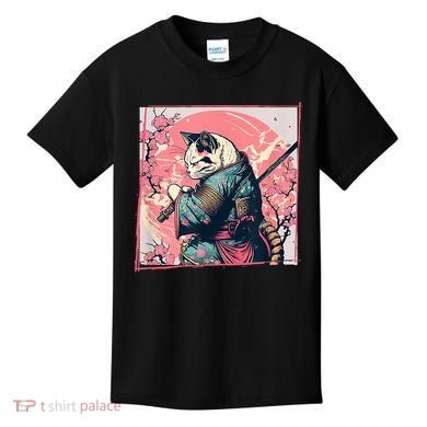 Japanese Art Cat Ninja Ukiyo E Anime Style Samurai Cat Kids T-Shirt