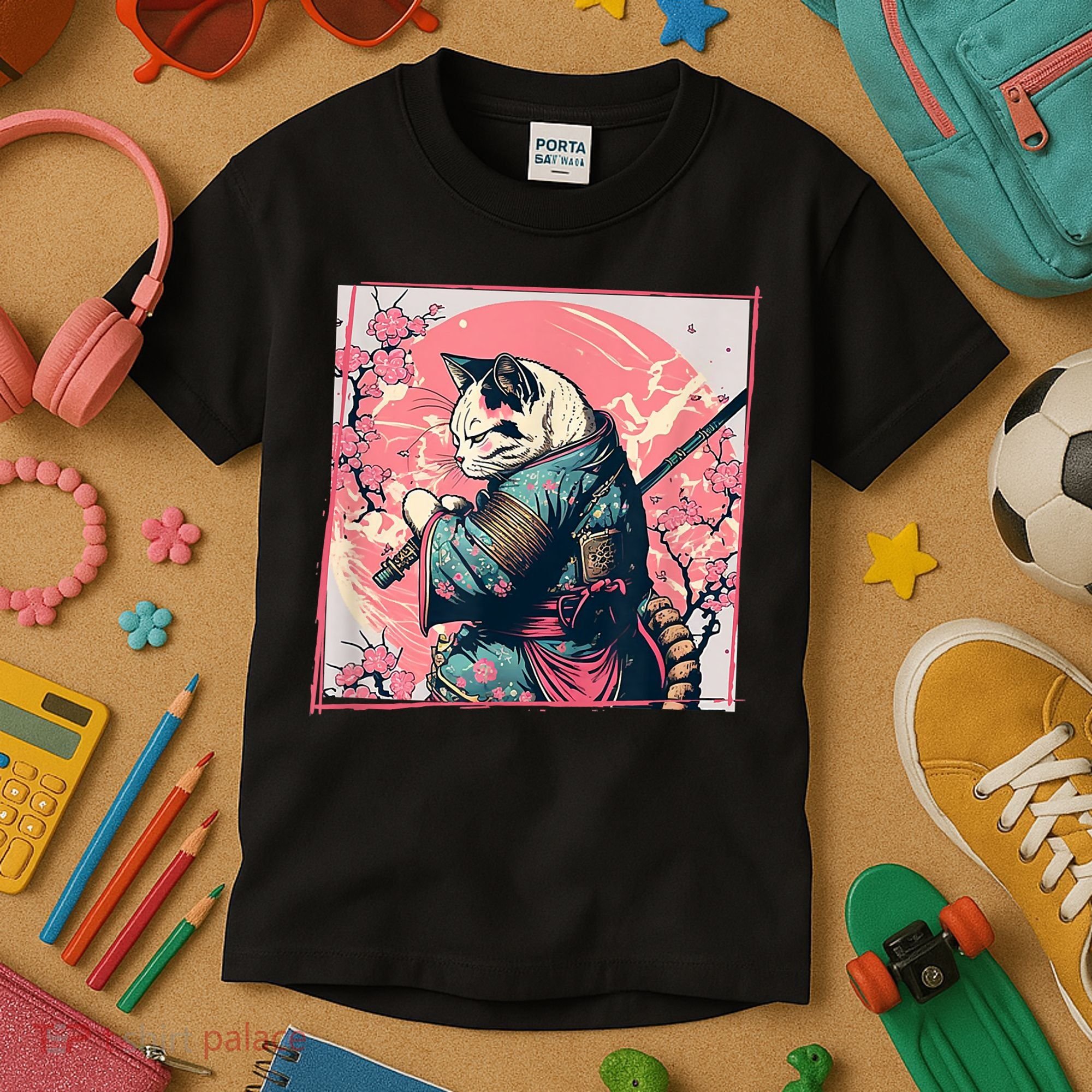Japanese Art Cat Ninja Ukiyo E Anime Style Samurai Cat Kids T-Shirt
