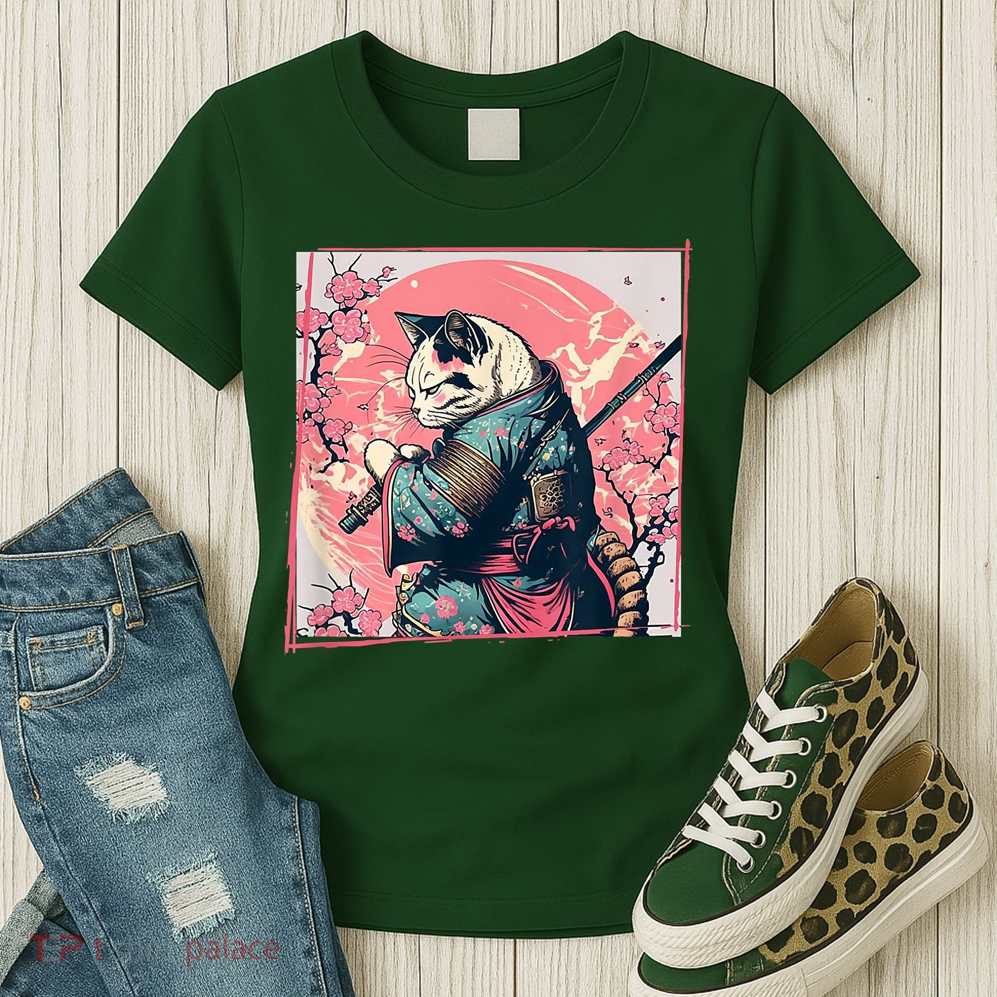 Japanese Art Cat Ninja Ukiyo E Anime Style Samurai Cat Women's T-Shirt