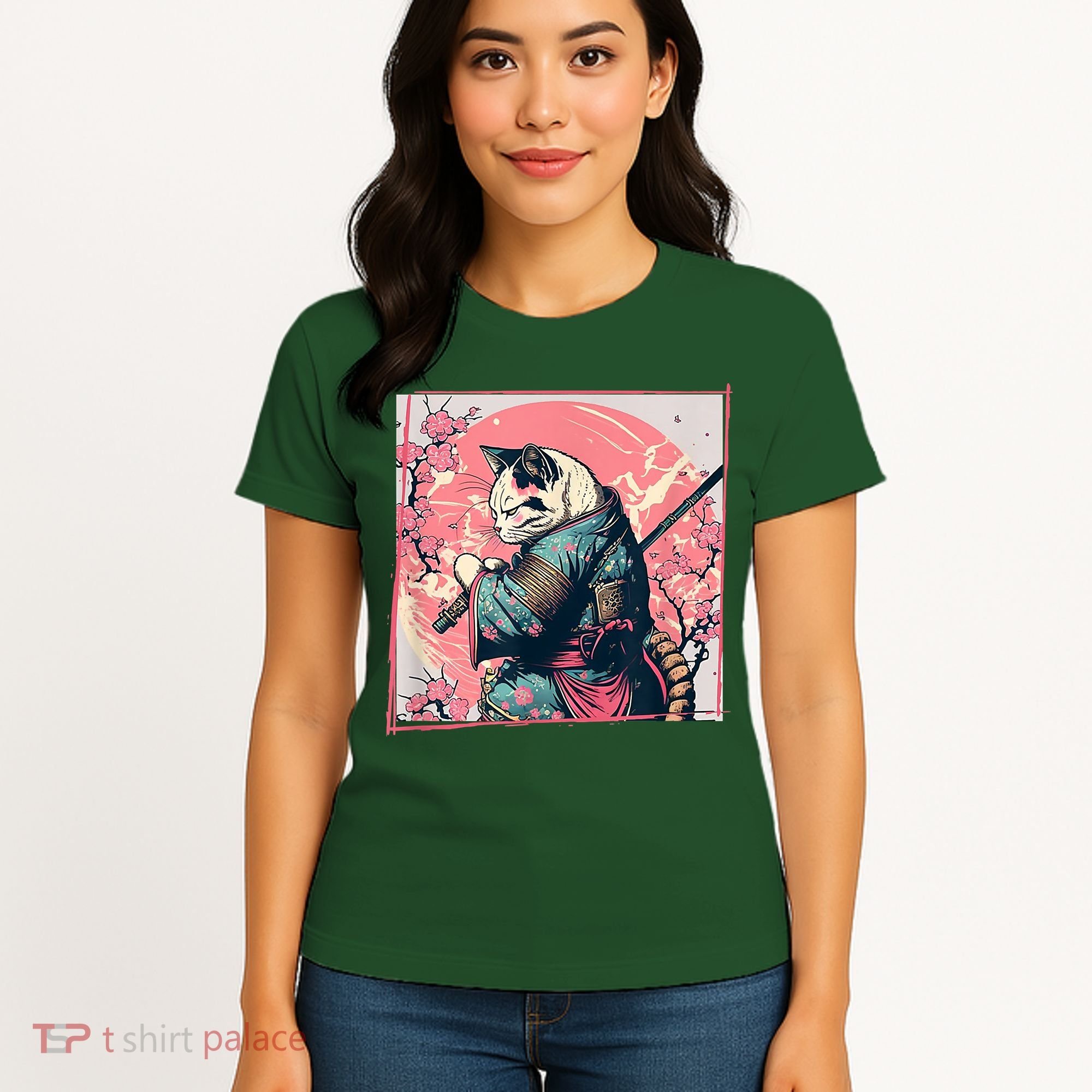 Japanese Art Cat Ninja Ukiyo E Anime Style Samurai Cat Women's T-Shirt