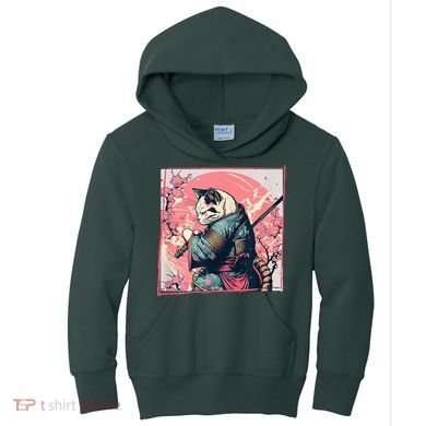 Japanese Art Cat Ninja Ukiyo E Anime Style Samurai Cat Kids Hoodie