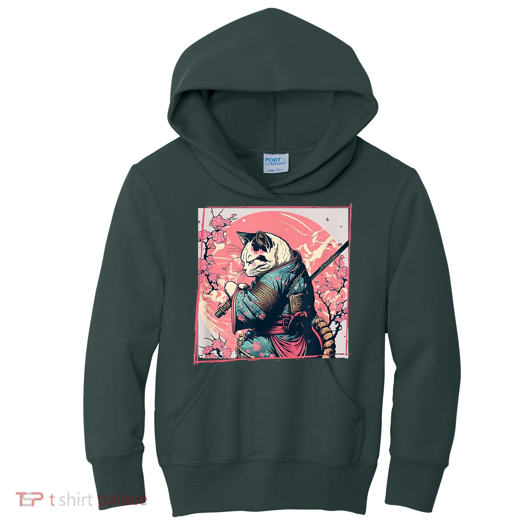 Japanese Art Cat Ninja Ukiyo E Anime Style Samurai Cat Kids Hoodie
