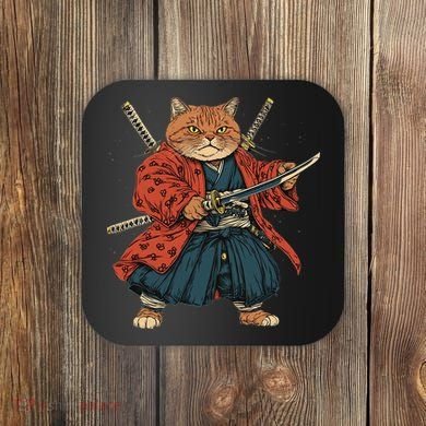 Japanese Art Cat Ninja Ukiyo-e Anime Style Samurai Cat Coaster