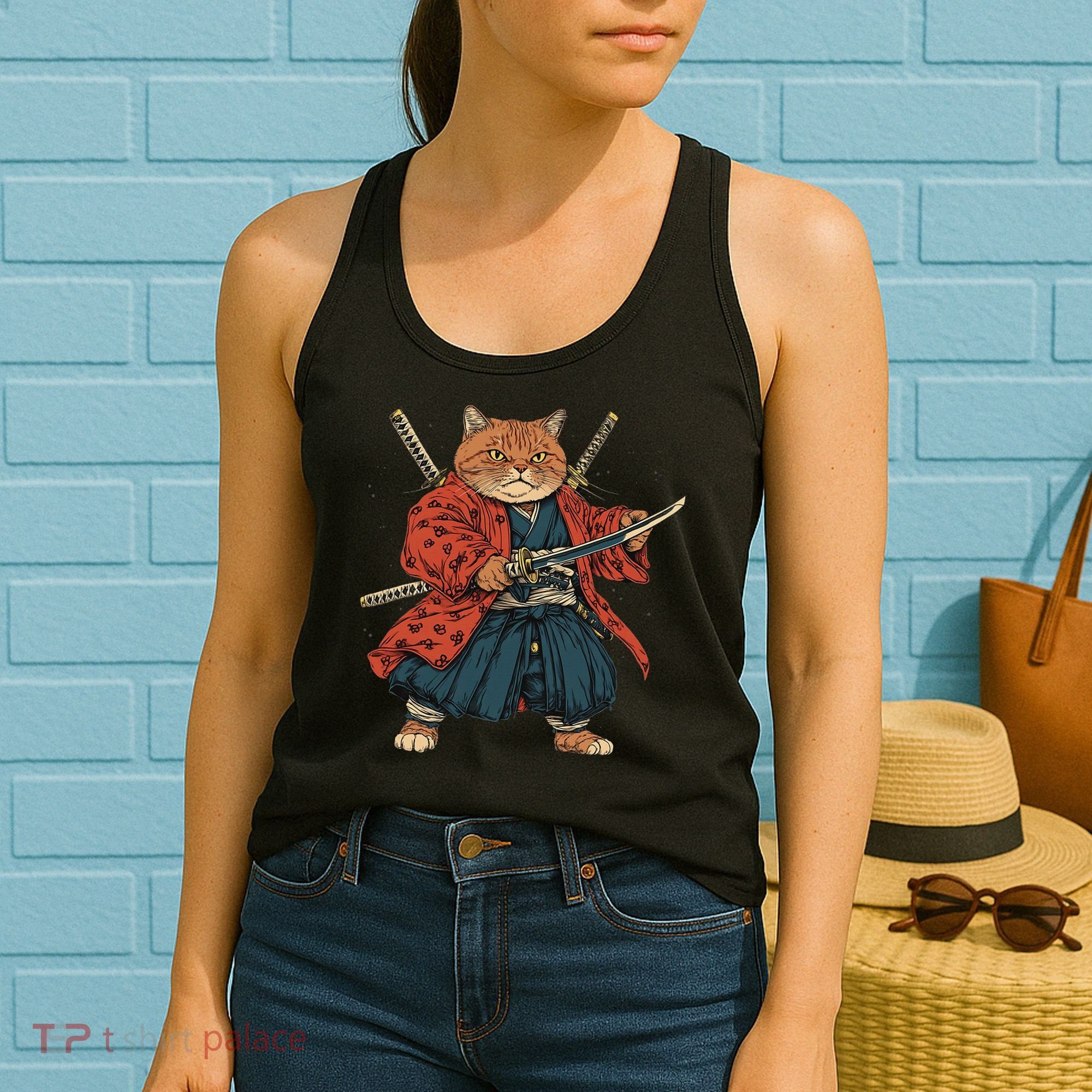 Japanese Art Cat Ninja Ukiyo-e Anime Style Samurai Cat Women's Tank Top