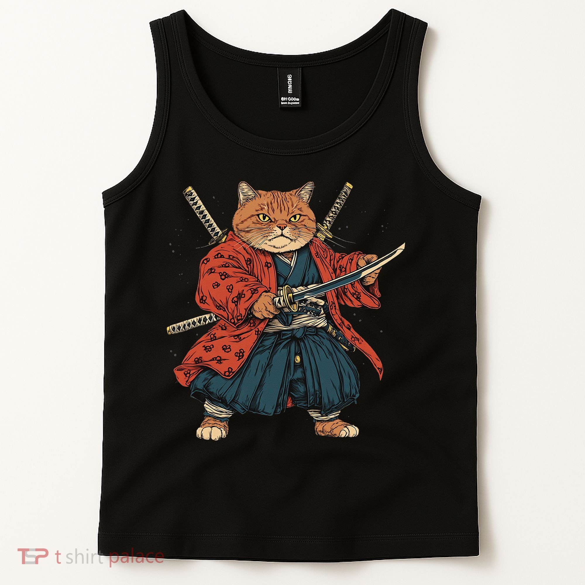 Japanese Art Cat Ninja Ukiyo-e Anime Style Samurai Cat Tank Top