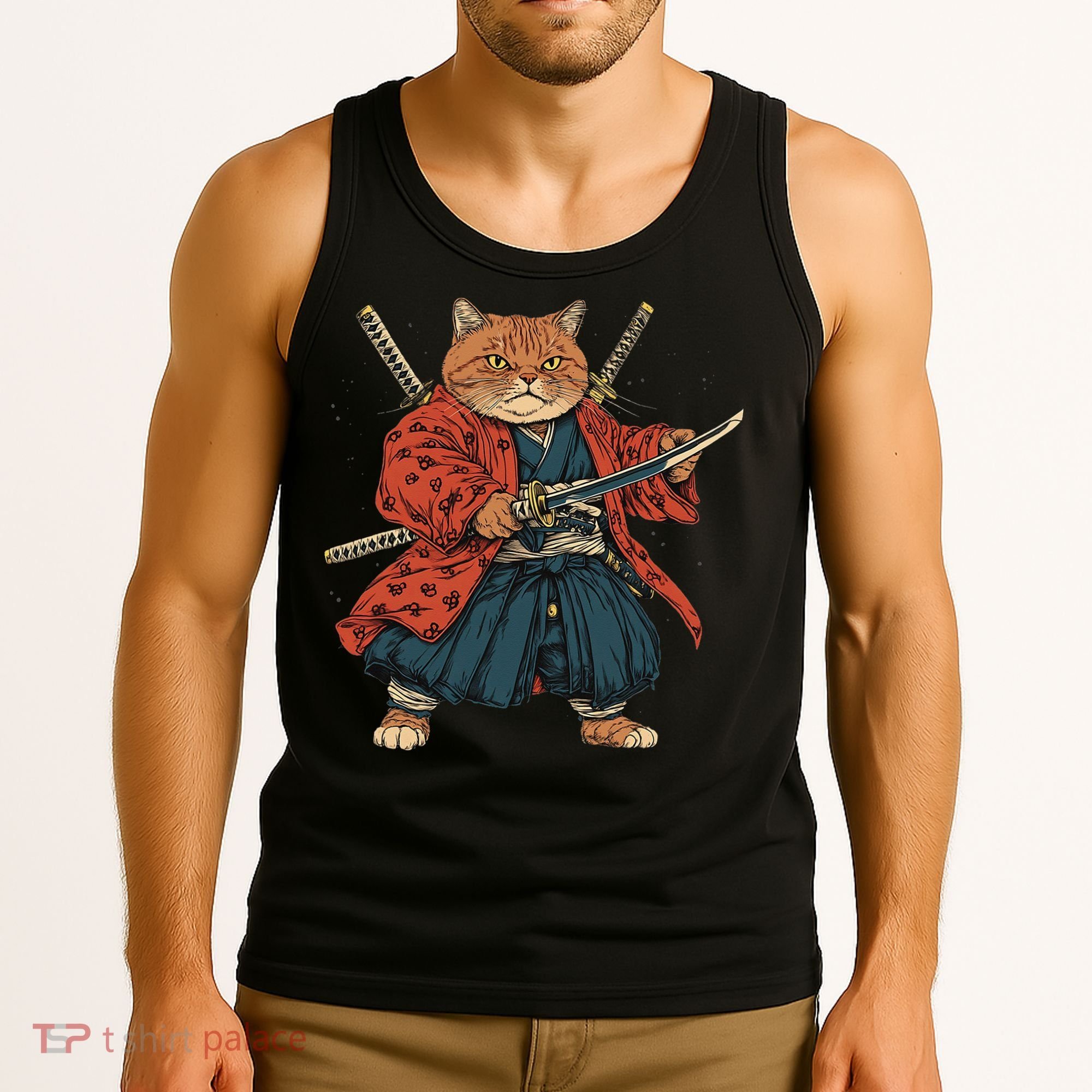 Japanese Art Cat Ninja Ukiyo-e Anime Style Samurai Cat Tank Top