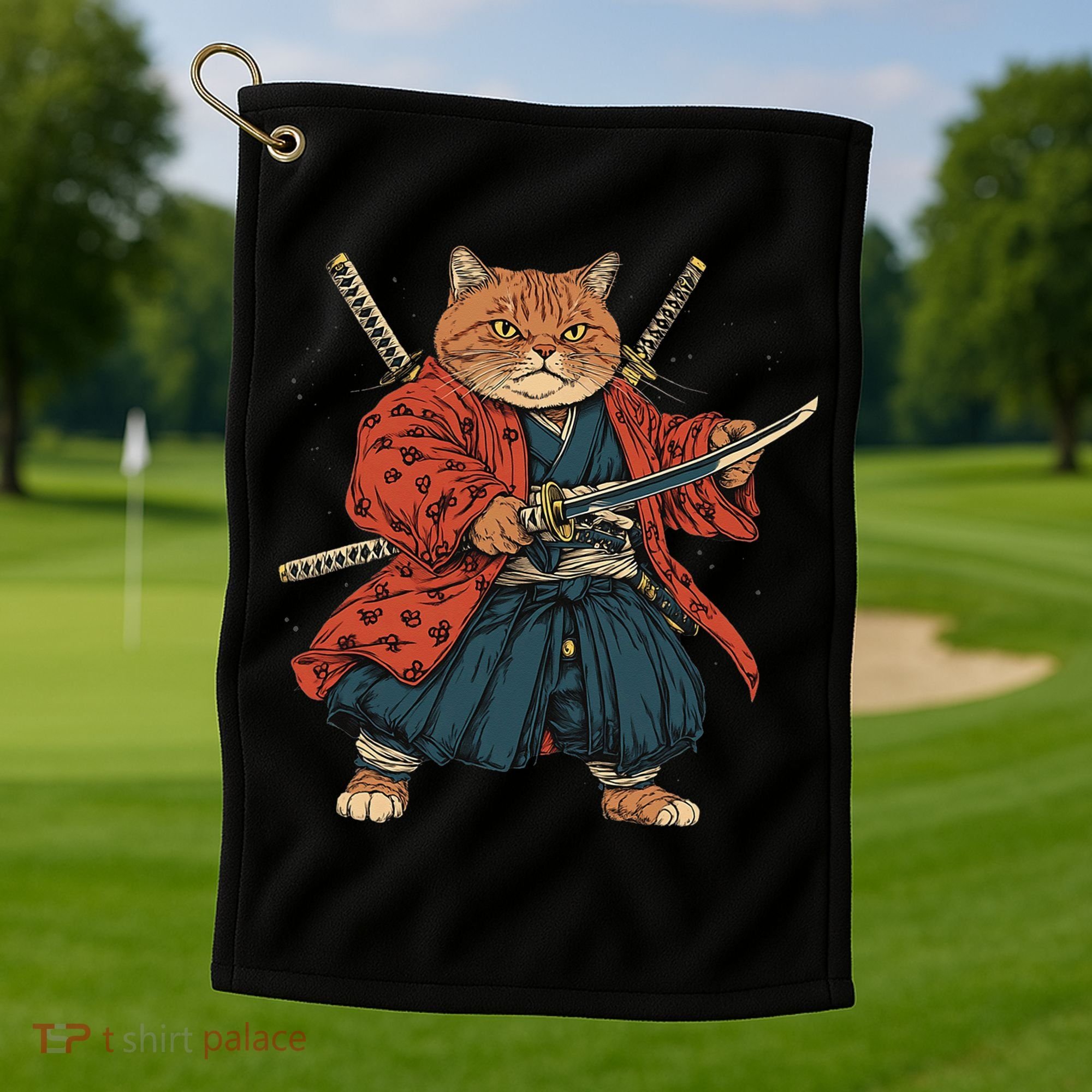 Japanese Art Cat Ninja Ukiyo-e Anime Style Samurai Cat Golf Towel
