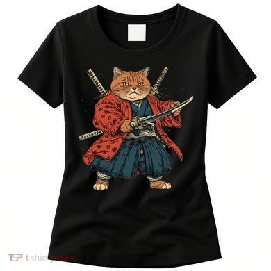 Japanese Art Cat Ninja Ukiyo-e Anime Style Samurai Cat Women's T-Shirt