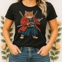 Japanese Art Cat Ninja Ukiyo-e Anime Style Samurai Cat Women's T-Shirt thumb 2
