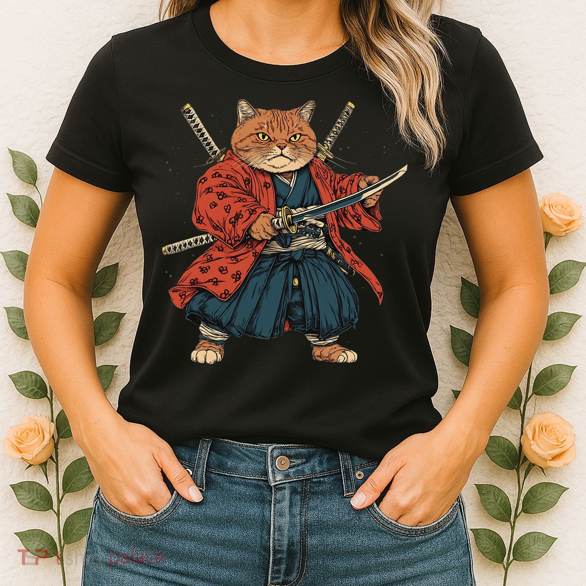 Japanese Art Cat Ninja Ukiyo-e Anime Style Samurai Cat Women's T-Shirt