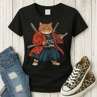 Japanese Art Cat Ninja Ukiyo-e Anime Style Samurai Cat Women's T-Shirt thumb 3
