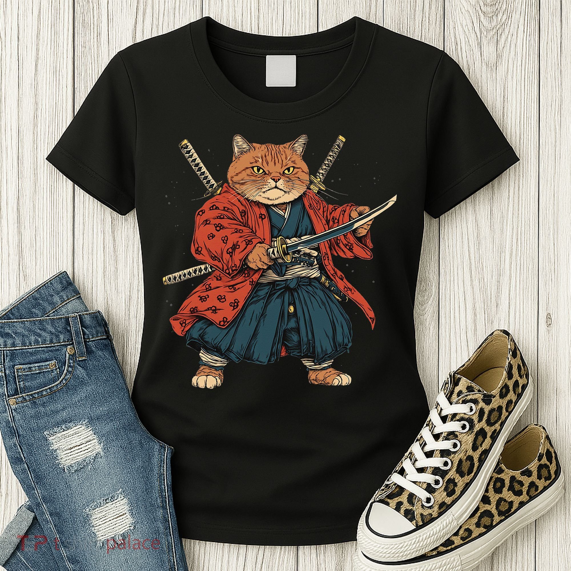 Japanese Art Cat Ninja Ukiyo-e Anime Style Samurai Cat Women's T-Shirt