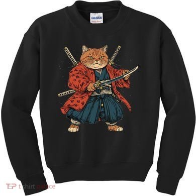 Japanese Art Cat Ninja Ukiyo-e Anime Style Samurai Cat Kids Sweatshirt