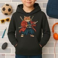 Japanese Art Cat Ninja Ukiyo-e Anime Style Samurai Cat Kids Hoodie thumb 2