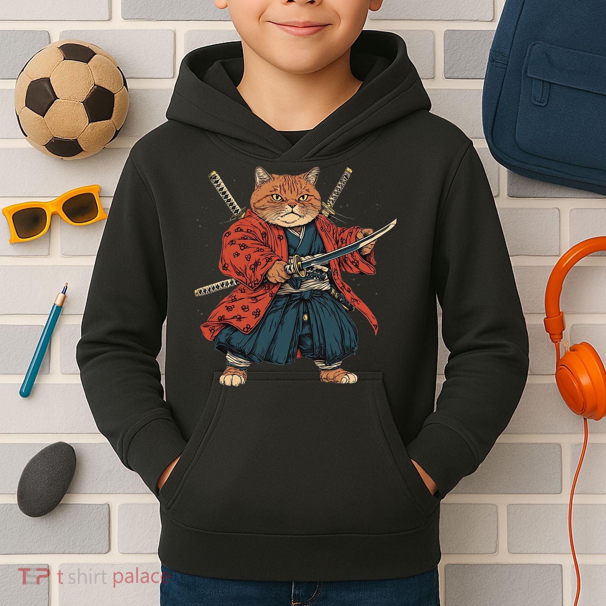 Japanese Art Cat Ninja Ukiyo-e Anime Style Samurai Cat Kids Hoodie