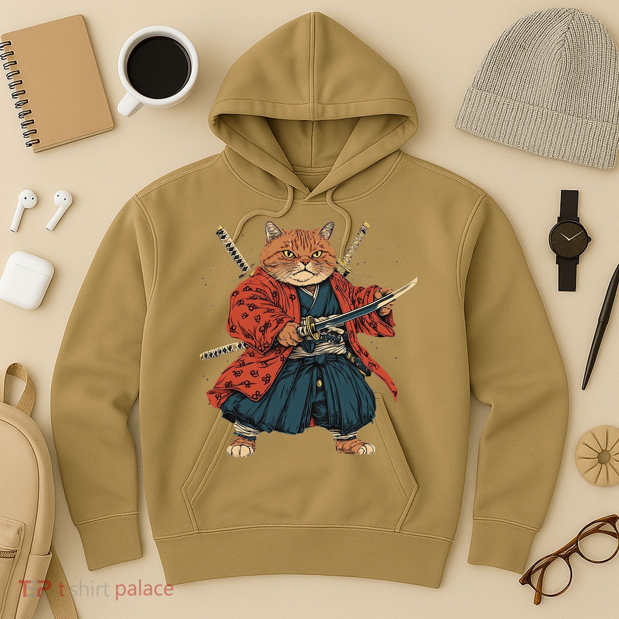 Japanese Art Cat Ninja Ukiyo-e Anime Style Samurai Cat Hoodie