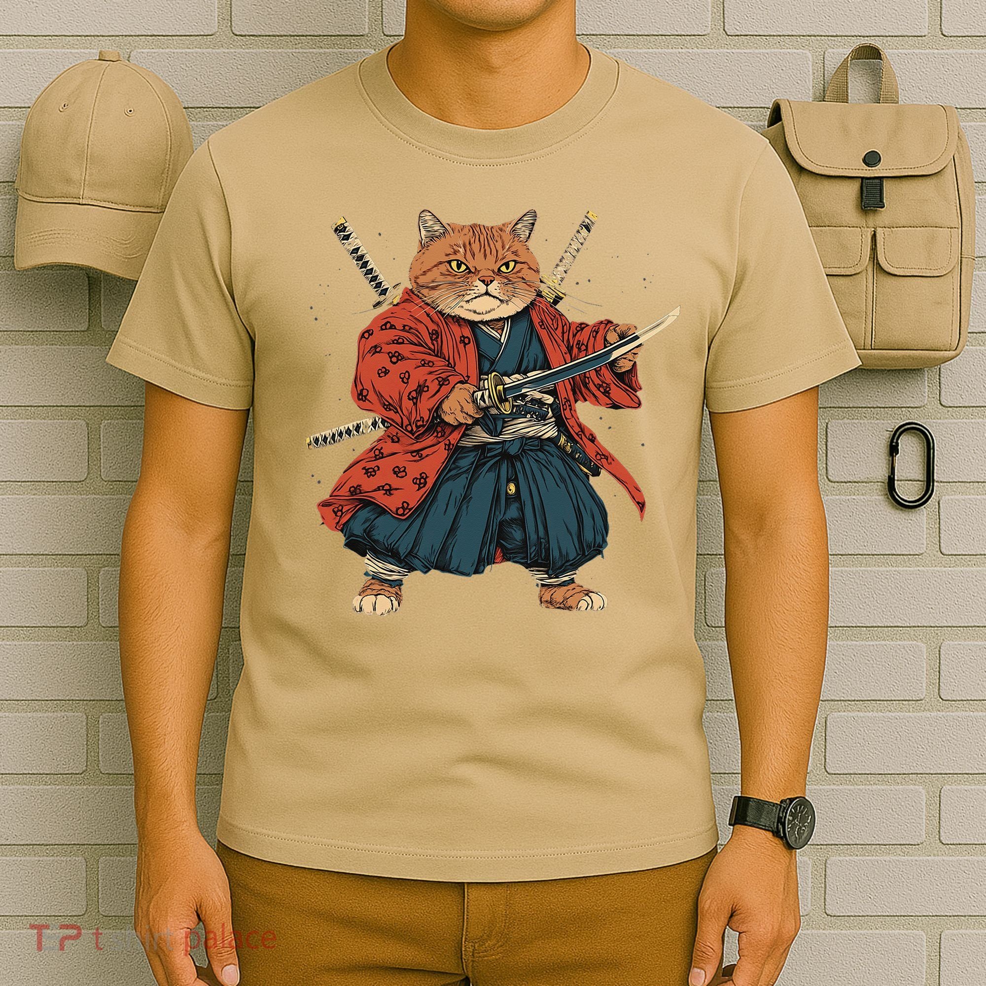 Japanese Art Cat Ninja Ukiyo-e Anime Style Samurai Cat T-Shirt