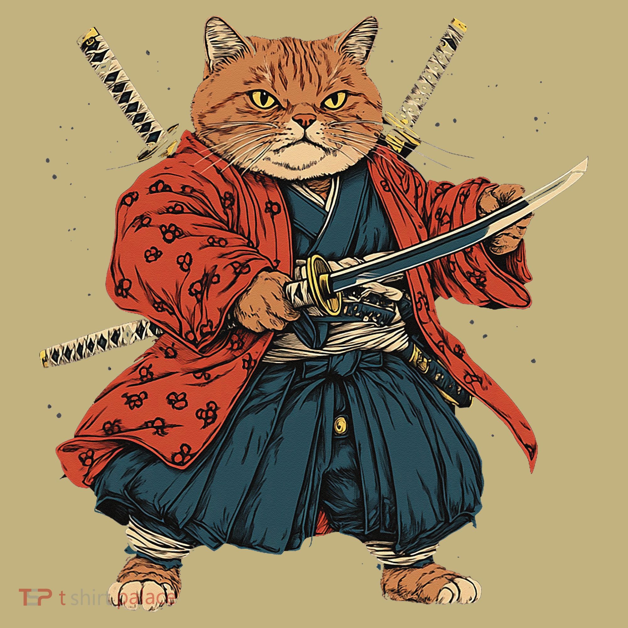 Japanese Art Cat Ninja Ukiyo-e Anime Style Samurai Cat Kids T-Shirt