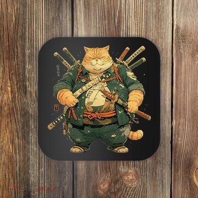 Japanese Art Cat Ninja Ukiyo-e Anime Style Samurai Cat Coaster