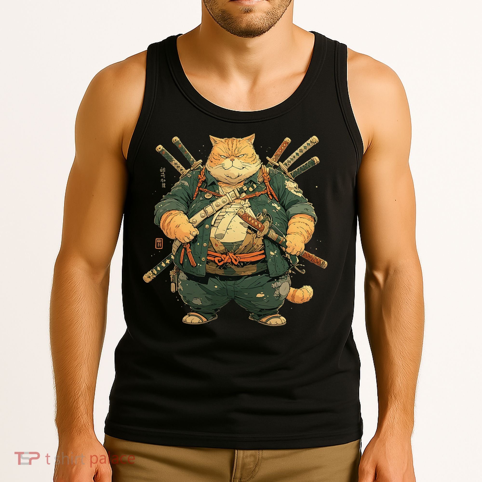 Japanese Art Cat Ninja Ukiyo-e Anime Style Samurai Cat Tank Top
