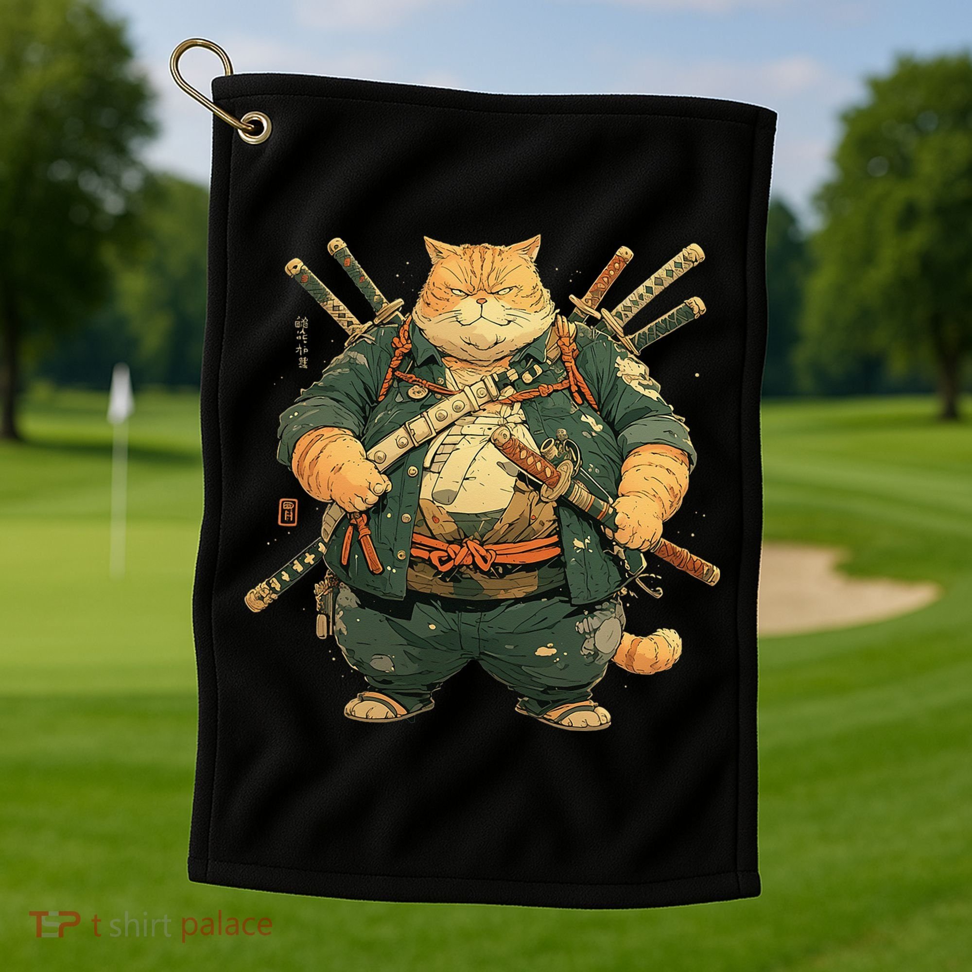 Japanese Art Cat Ninja Ukiyo-e Anime Style Samurai Cat Golf Towel