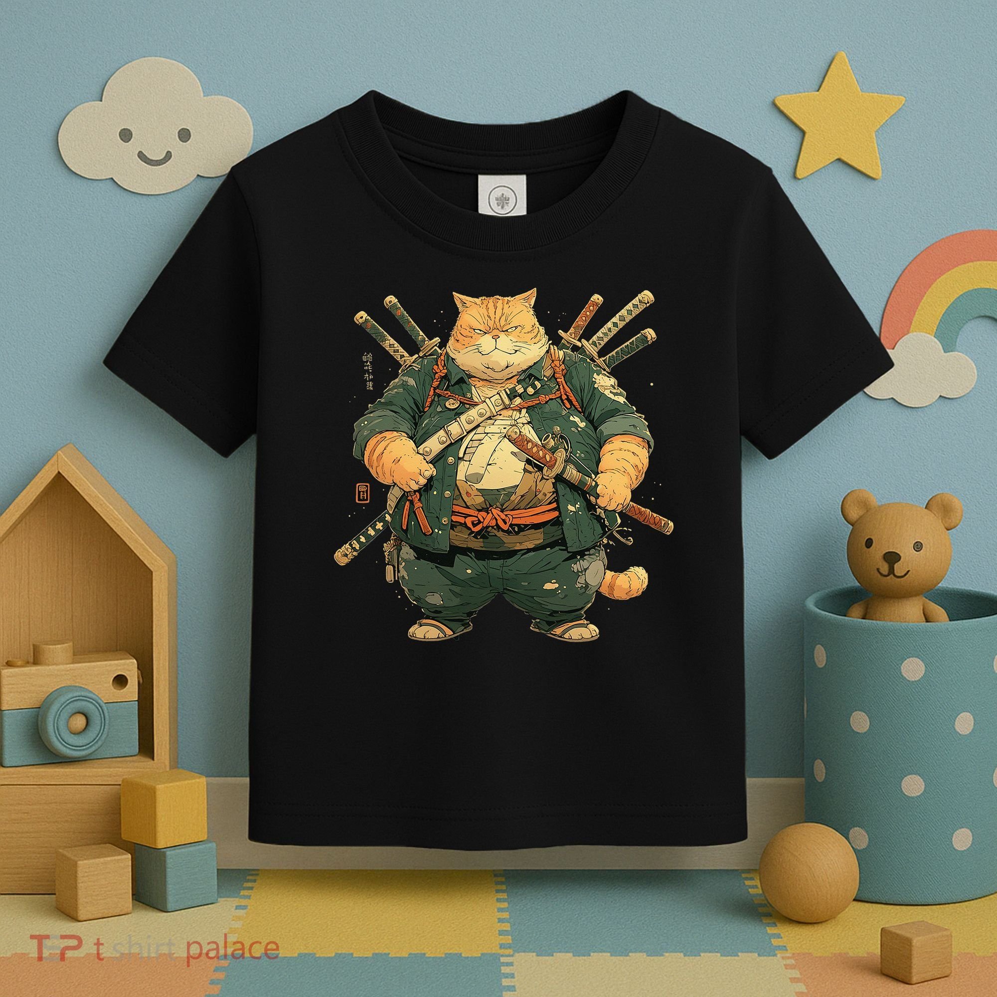 Japanese Art Cat Ninja Ukiyo-e Anime Style Samurai Cat Toddler T-Shirt