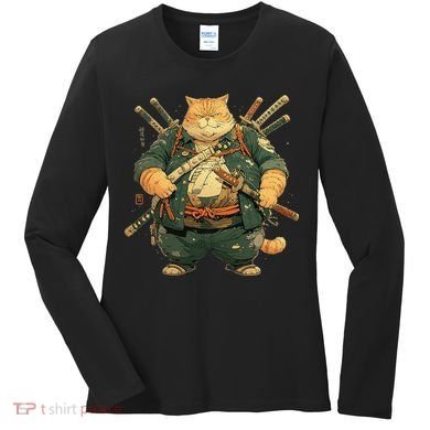 Japanese Art Cat Ninja Ukiyo-e Anime Style Samurai Cat Women's Long Sleeve Shirt