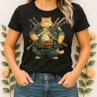 Japanese Art Cat Ninja Ukiyo-e Anime Style Samurai Cat Women's T-Shirt thumb 2
