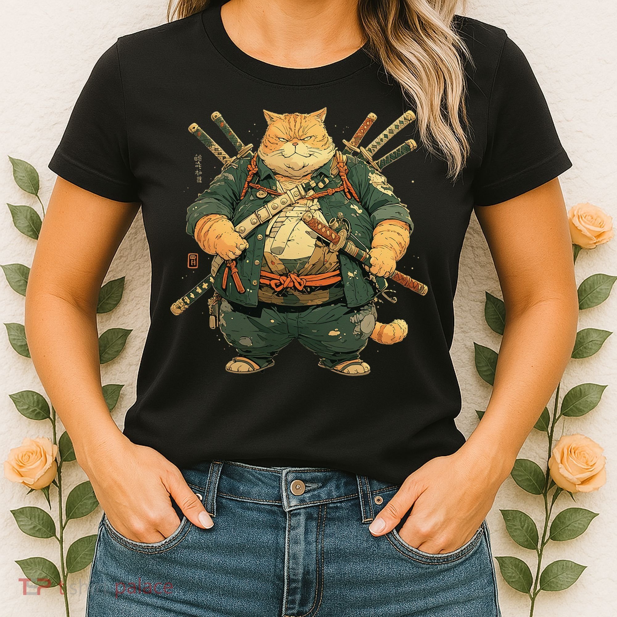 Japanese Art Cat Ninja Ukiyo-e Anime Style Samurai Cat Women's T-Shirt
