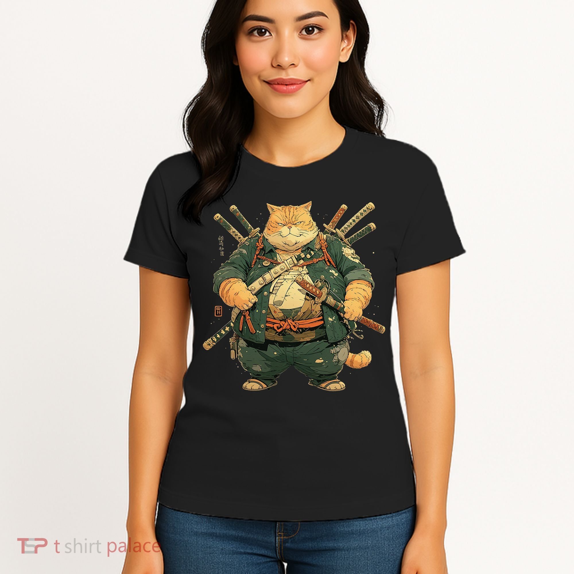 Japanese Art Cat Ninja Ukiyo-e Anime Style Samurai Cat Women's T-Shirt